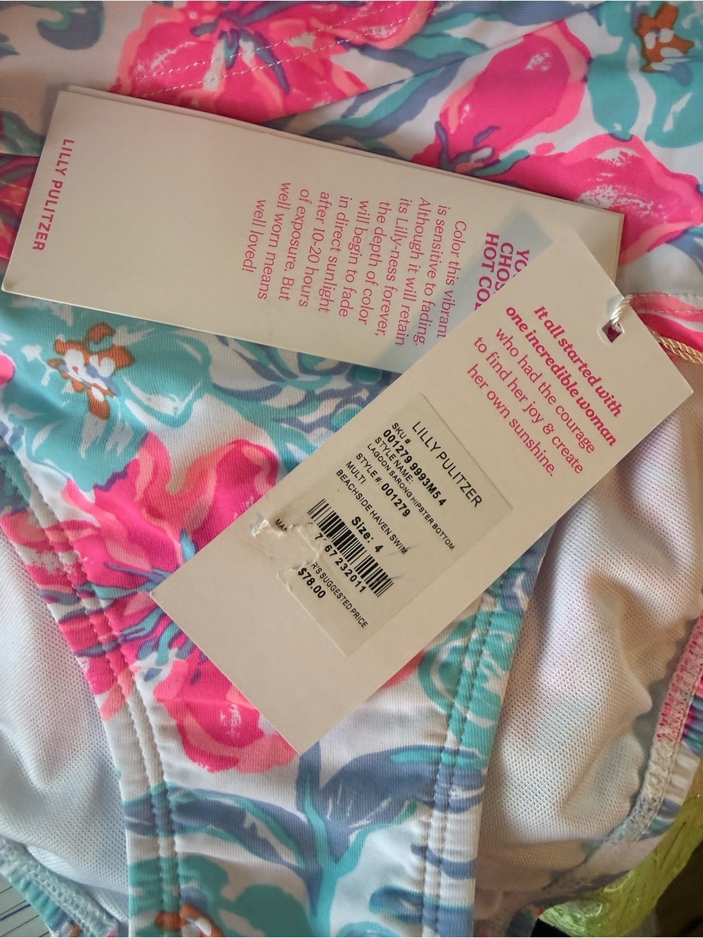 Lilly Pulitzer Pink & Aqua Floral Bikini Bottom, NWTs lagoon sarong hipster sz 4 - Picture 4 of 4